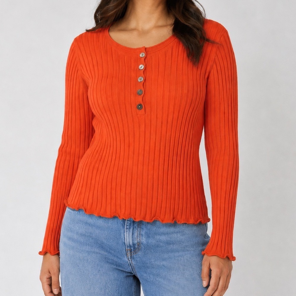 Sundance Organic Cotton Rib Knit Henley Sweater‎ PXL Rust Boho Cottagecore